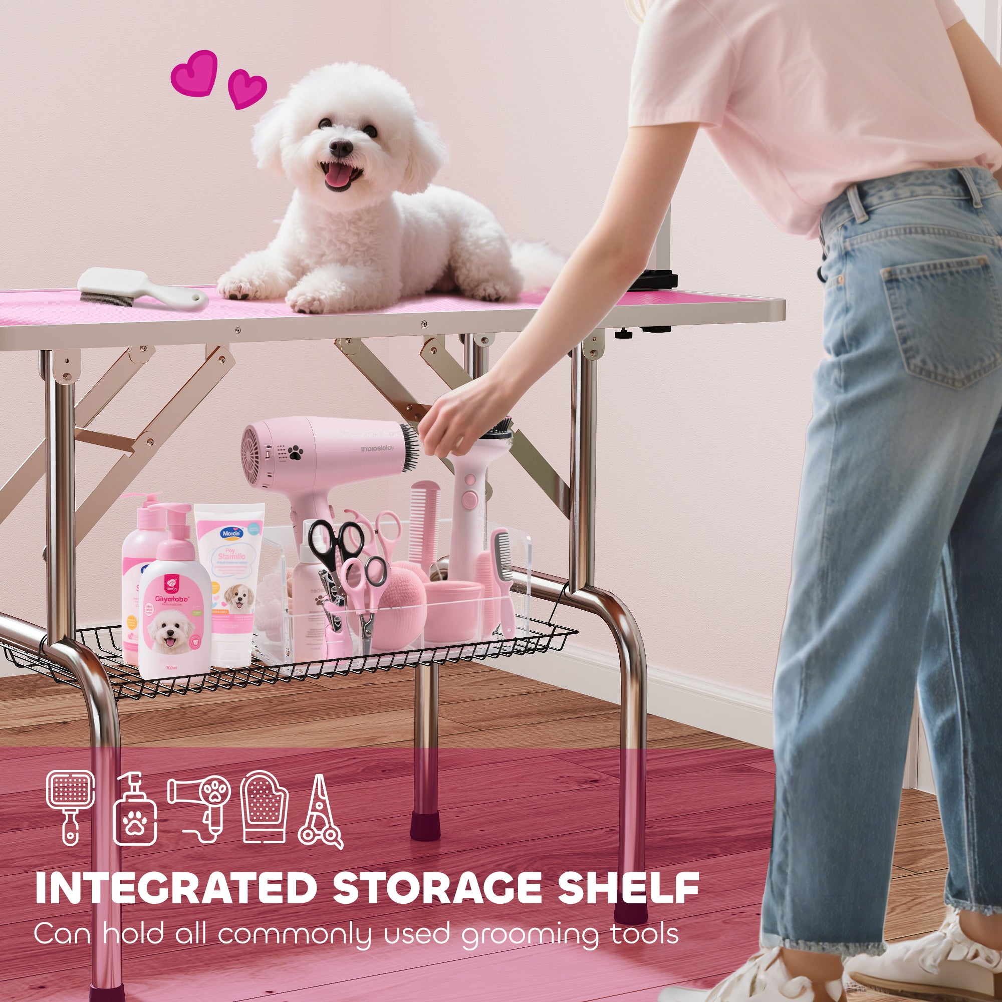 PawHut Foldable Dog Grooming Table with Adjustable Arm 107x60x164cm Pink