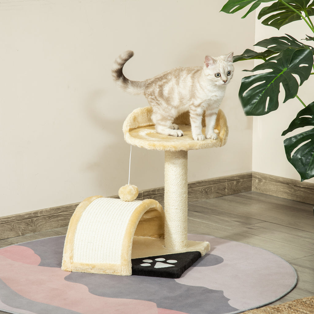 PawHut Cat Tree Scratching Post Kitten Activity Centre Climber Hanging Ball Beige