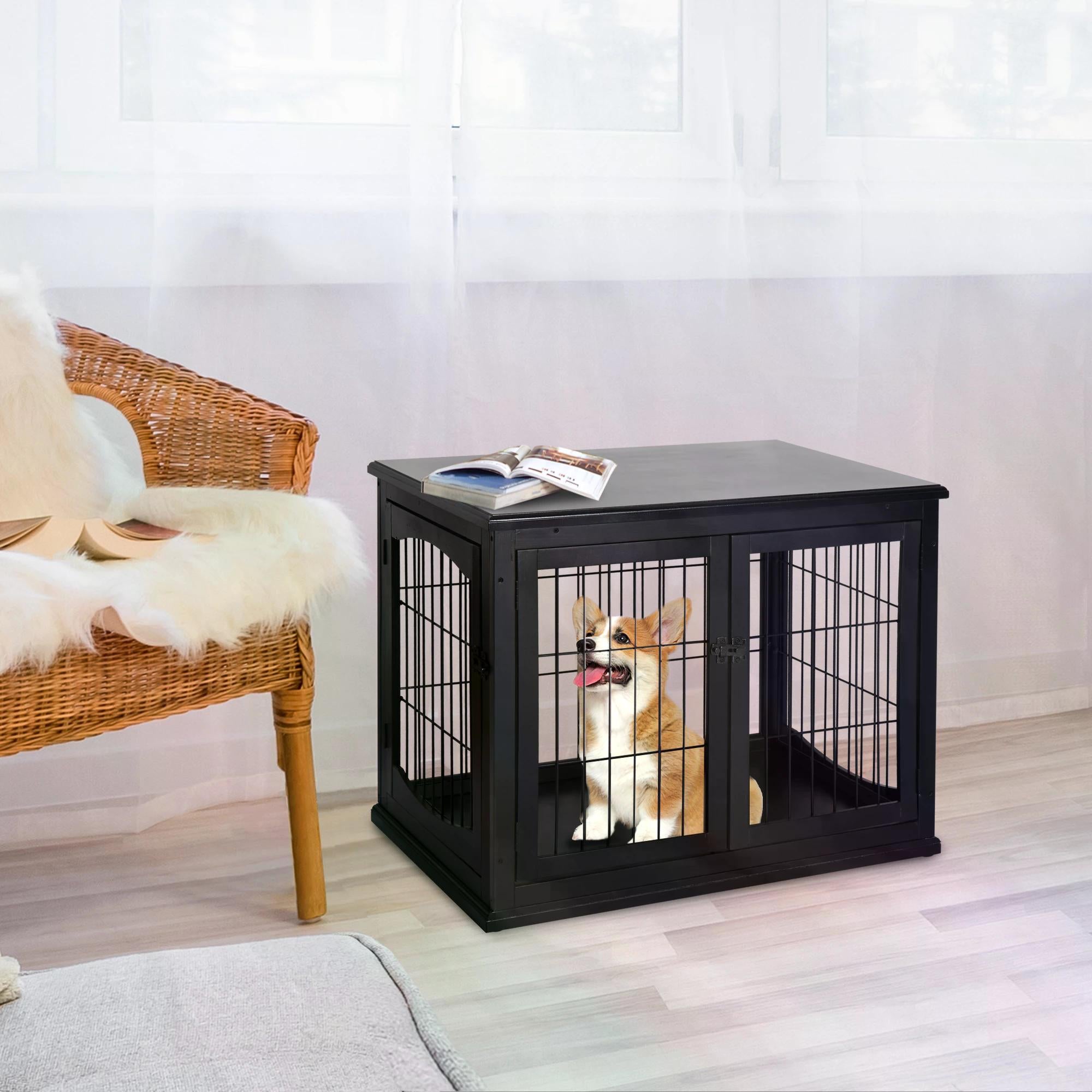 PawHut Wooden Dog Cage Pet Crate Double Door Small Animal with Tabletop 66cm Black