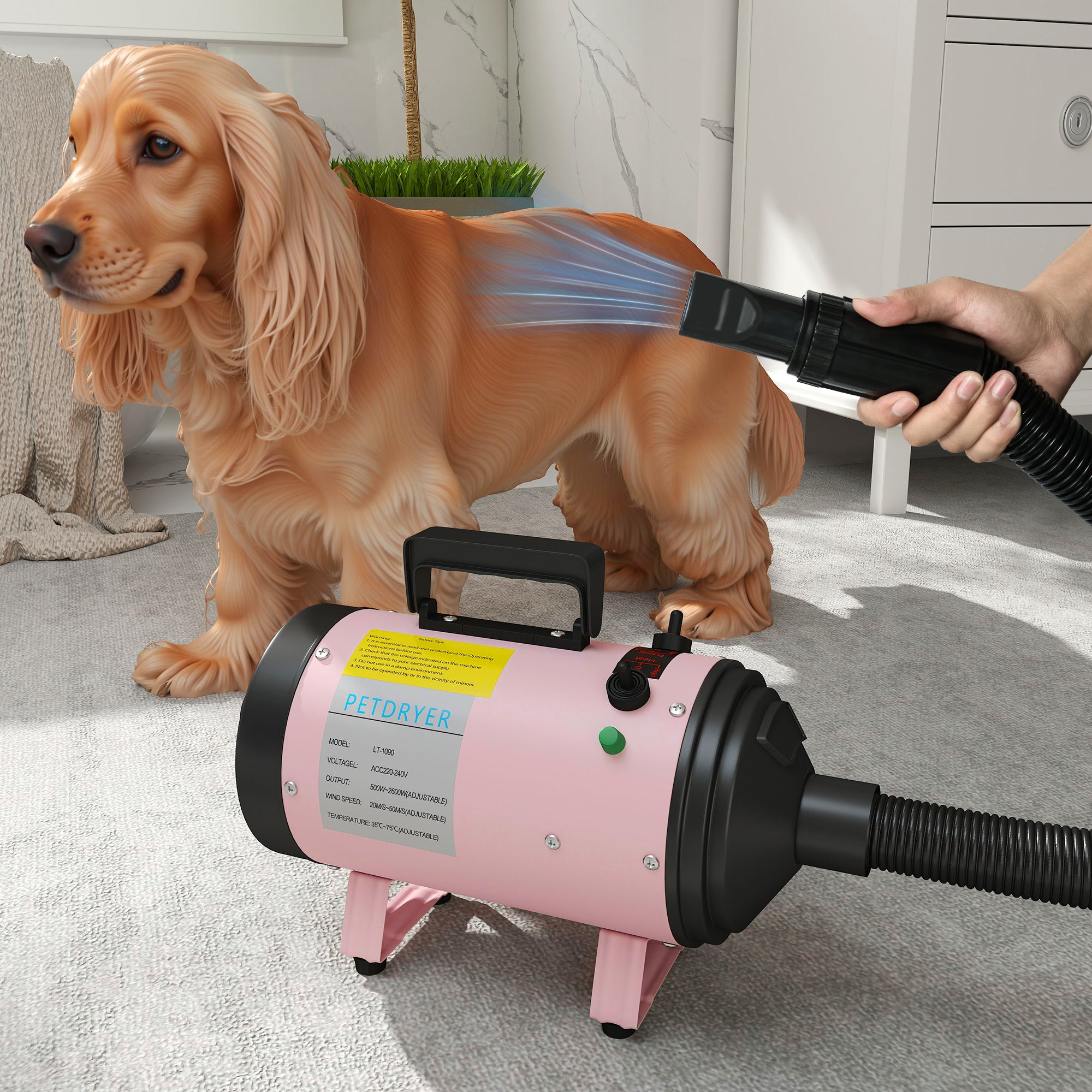 PawHut 2200W Dog Hair Dryer with Adjustable Temperature & Velocity, 3 Nozzles, Pink