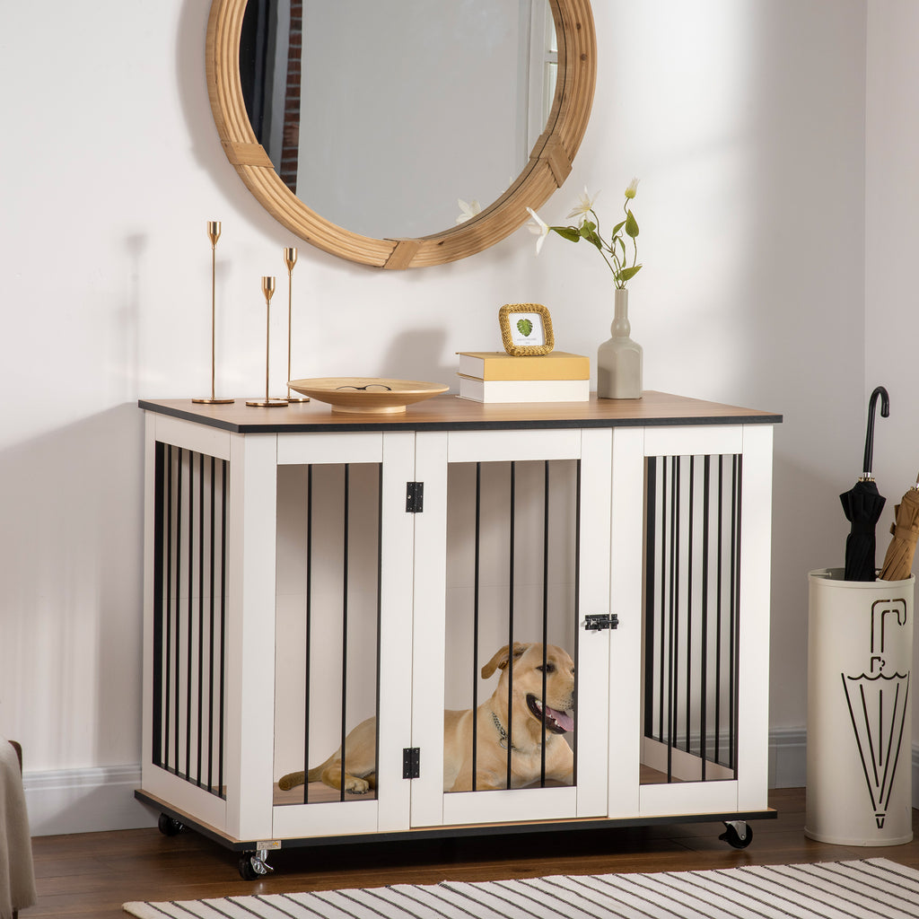 PawHut Dog Crate Furniture End Table With Wheels 106x60x82cm White