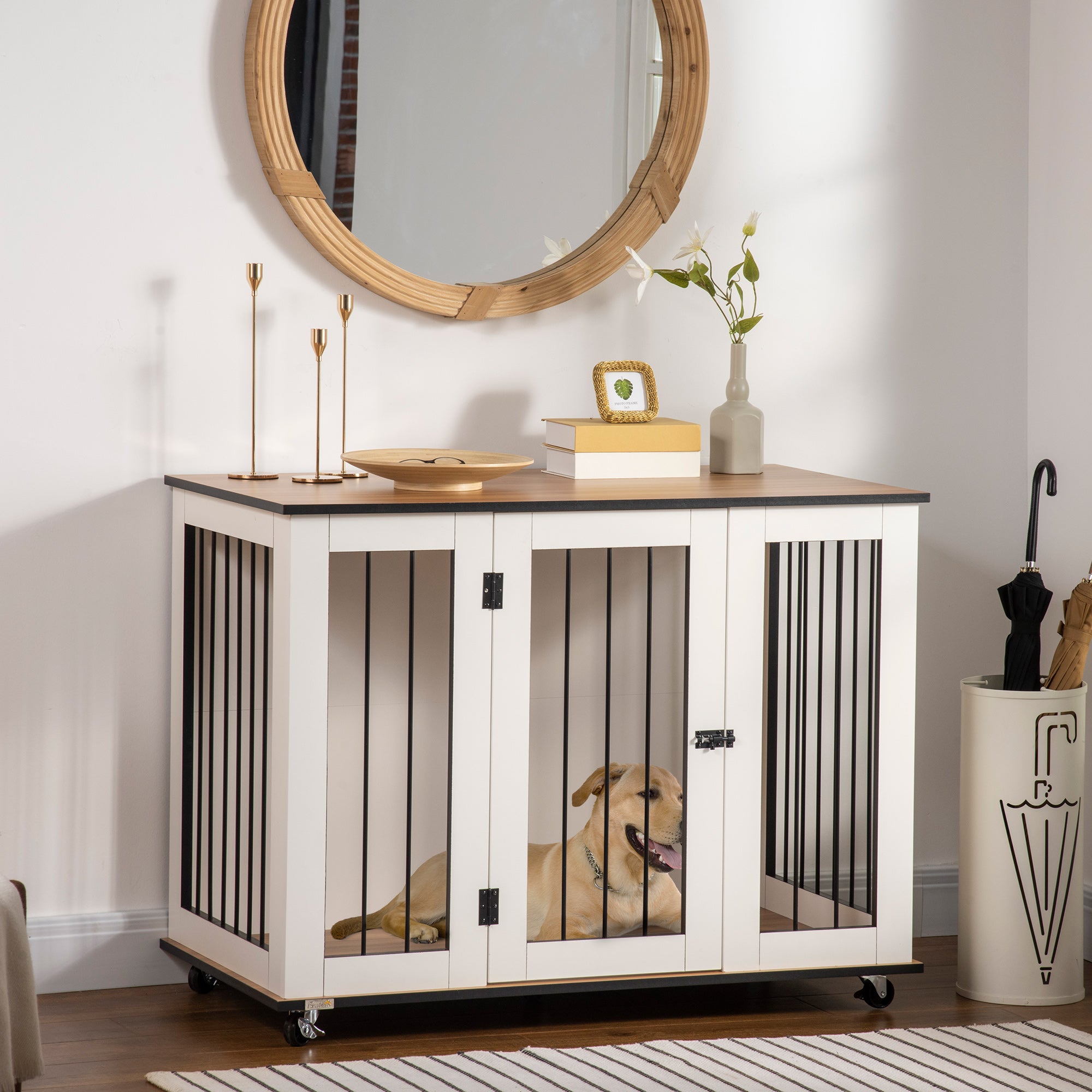 PawHut Dog Crate Furniture End Table With Wheels 106x60x82cm White