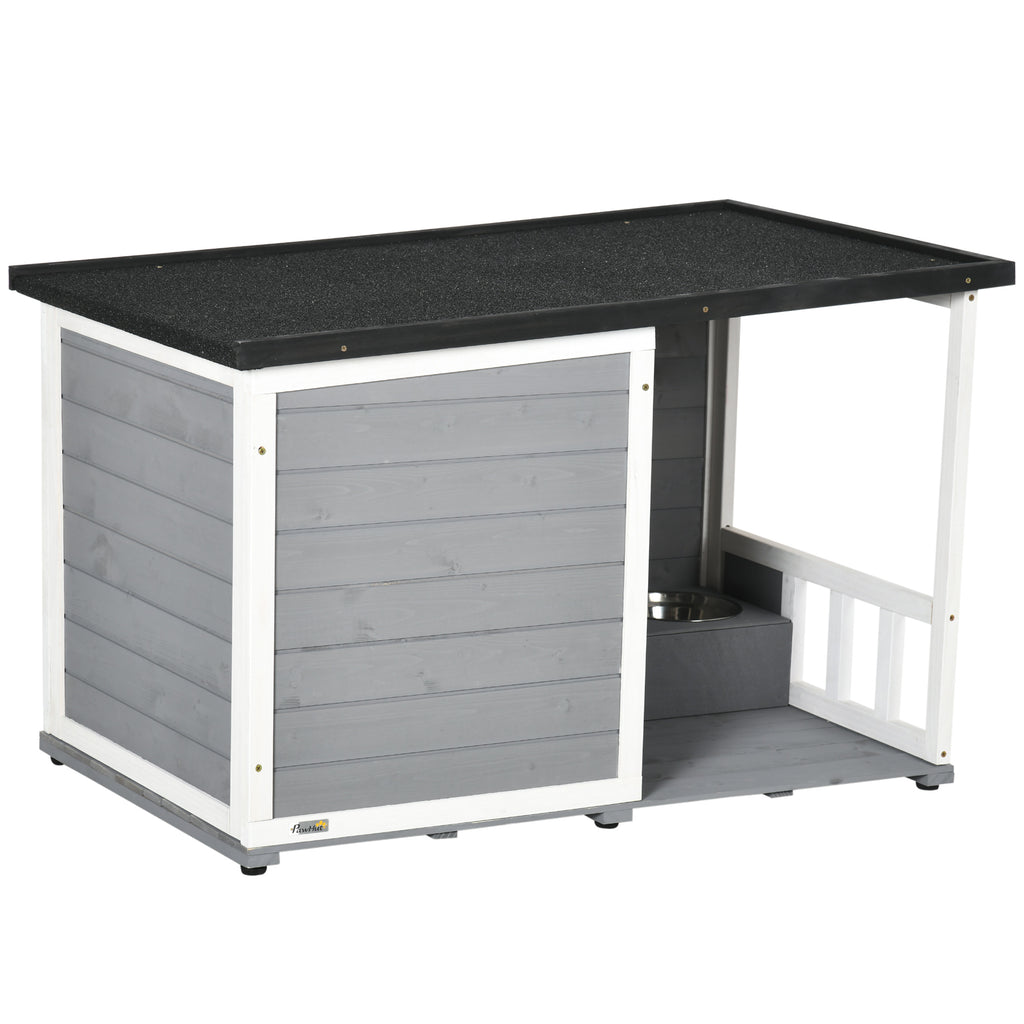 PawHut Solid Wood Dog House with Porch Feeding Bowls 103x62x66cm Gray White