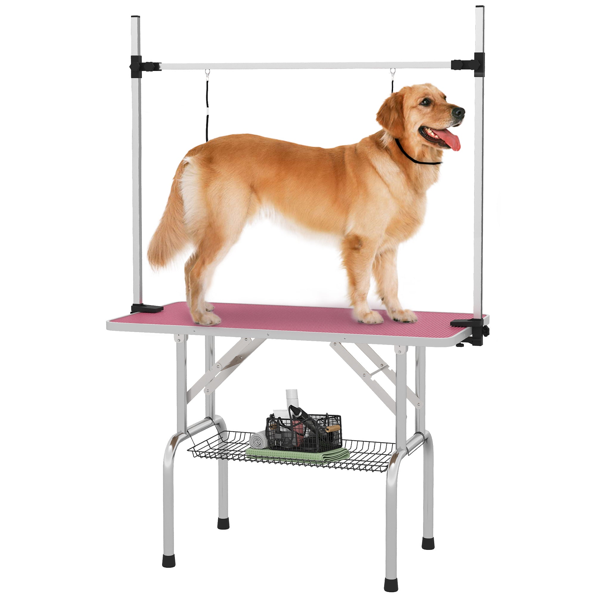 PawHut Foldable Dog Grooming Table with Adjustable Arm 107x60x164cm Pink