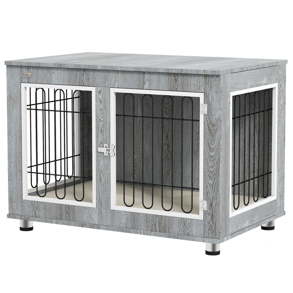 PawHut Dog Crate Furniture End Table Double Doors with Cushion 90x58x65cm Grey