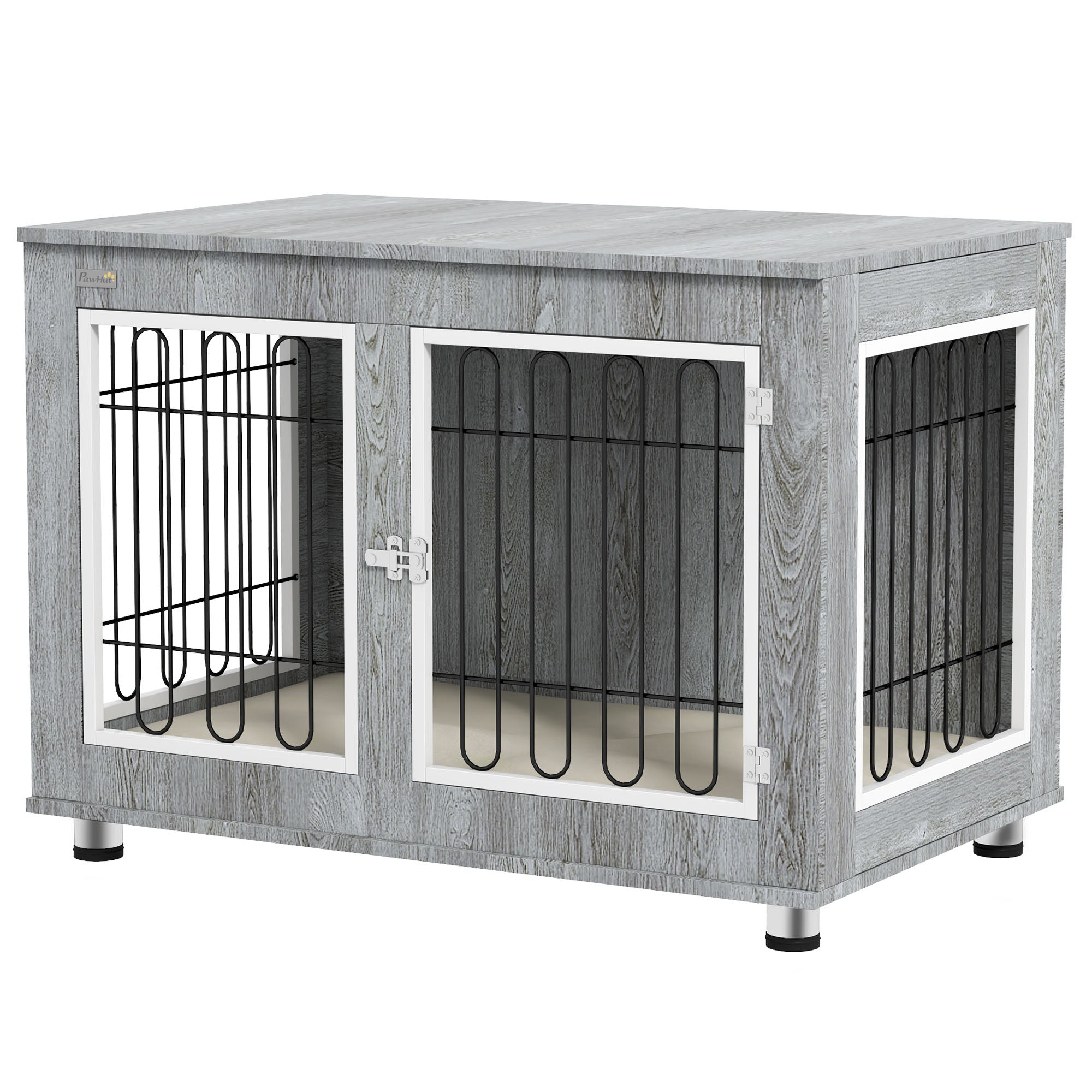 PawHut Dog Crate Furniture End Table Double Doors with Cushion 90x58x65cm Grey