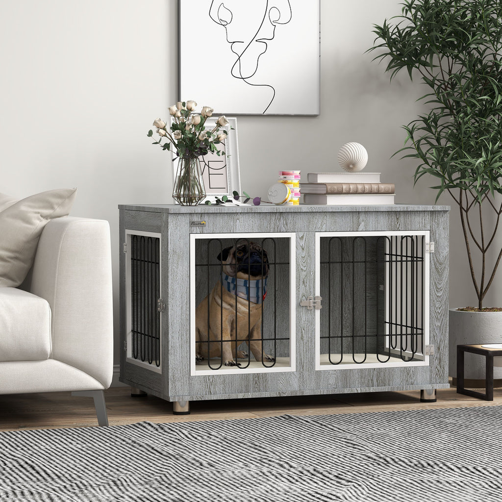 PawHut Dog Crate Furniture End Table Double Doors with Cushion 90x58x65cm Grey