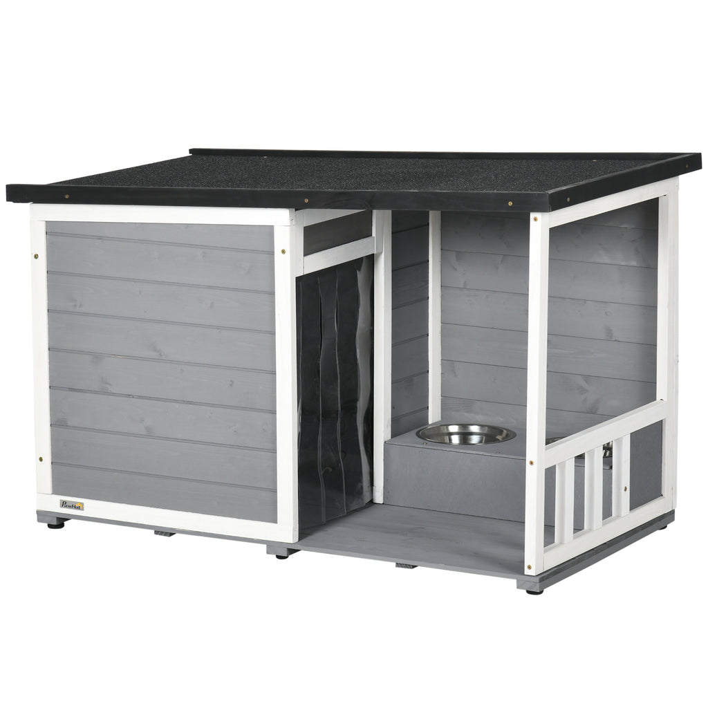 PawHut Solid Wood Dog House with Porch Feeding Bowls 103x62x66cm Gray White