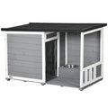 PawHut Solid Wood Dog House with Porch Feeding Bowls 103x62x66cm Gray White