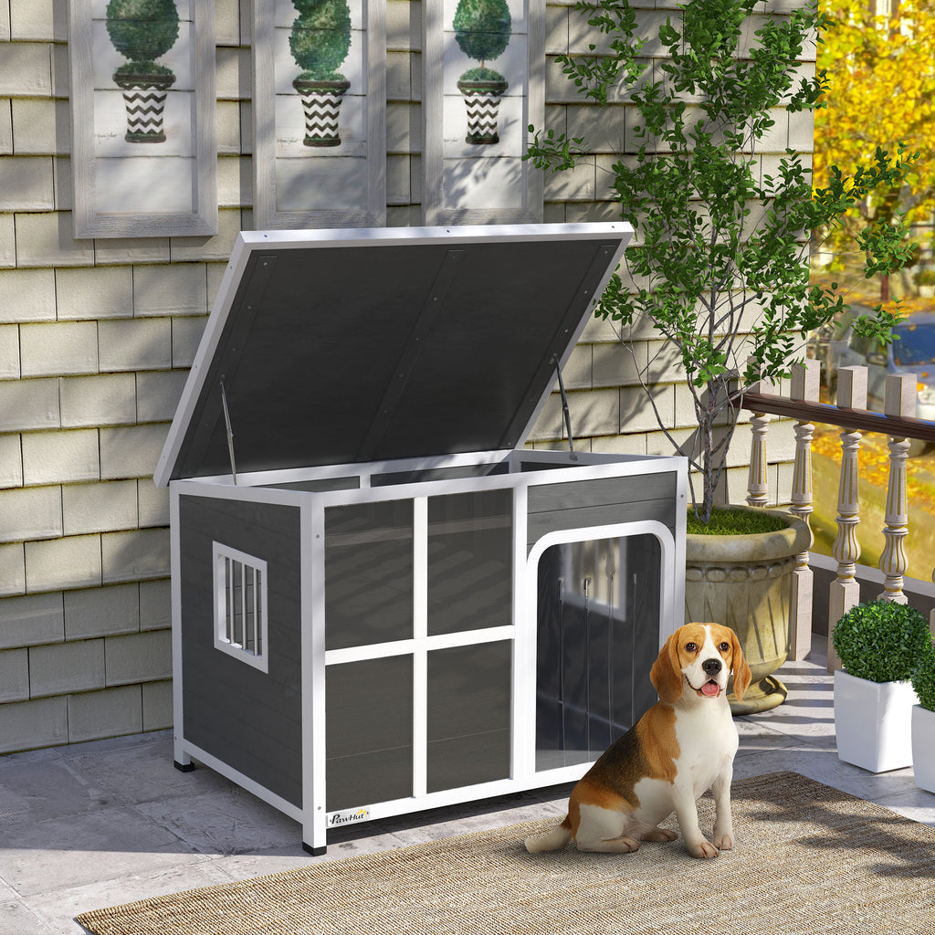 PawHut Wooden Dog House with Asphalt Openable Top 103x77x83cm Light Grey