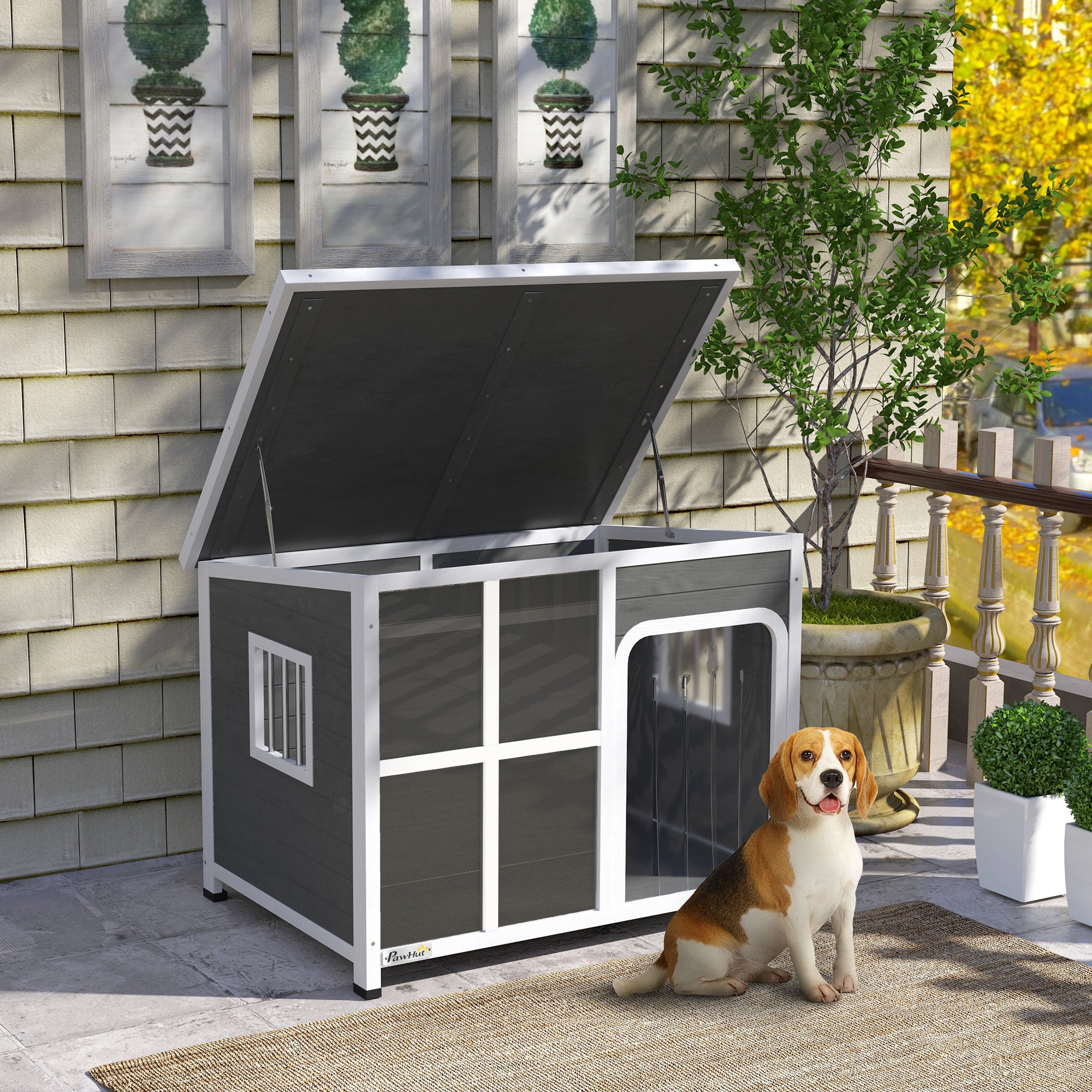 PawHut Wooden Dog House with Asphalt Openable Top 103x77x83cm Light Grey