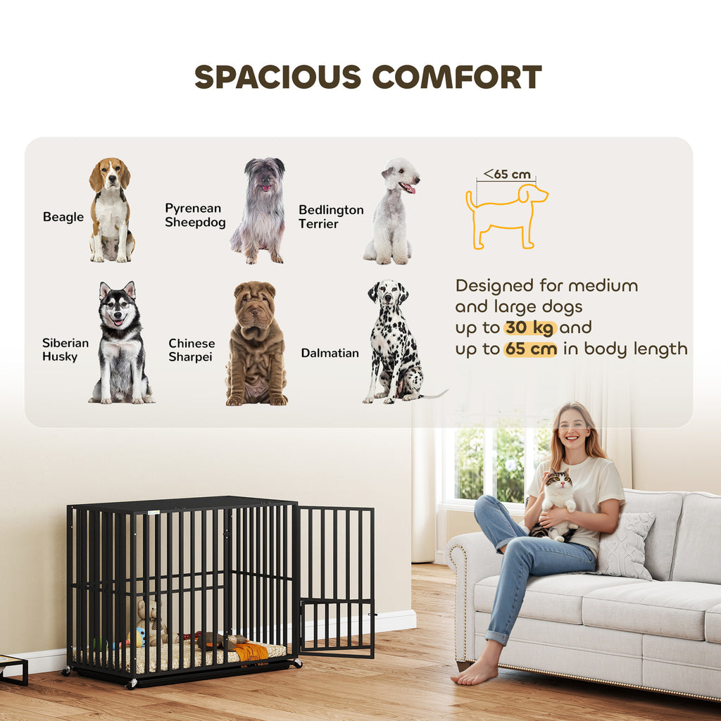 PawHut Heavy Duty Dog Crate with Wheels 95x57x81cm Black