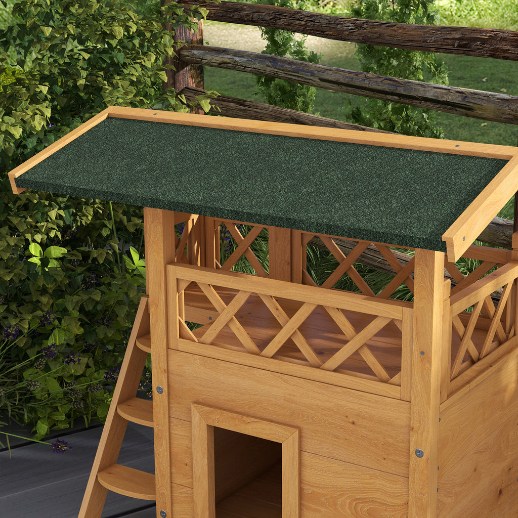 PawHut Cat House Outdoor with Balcony Stairs Roof 77x50x73cm Natural Wood Finish