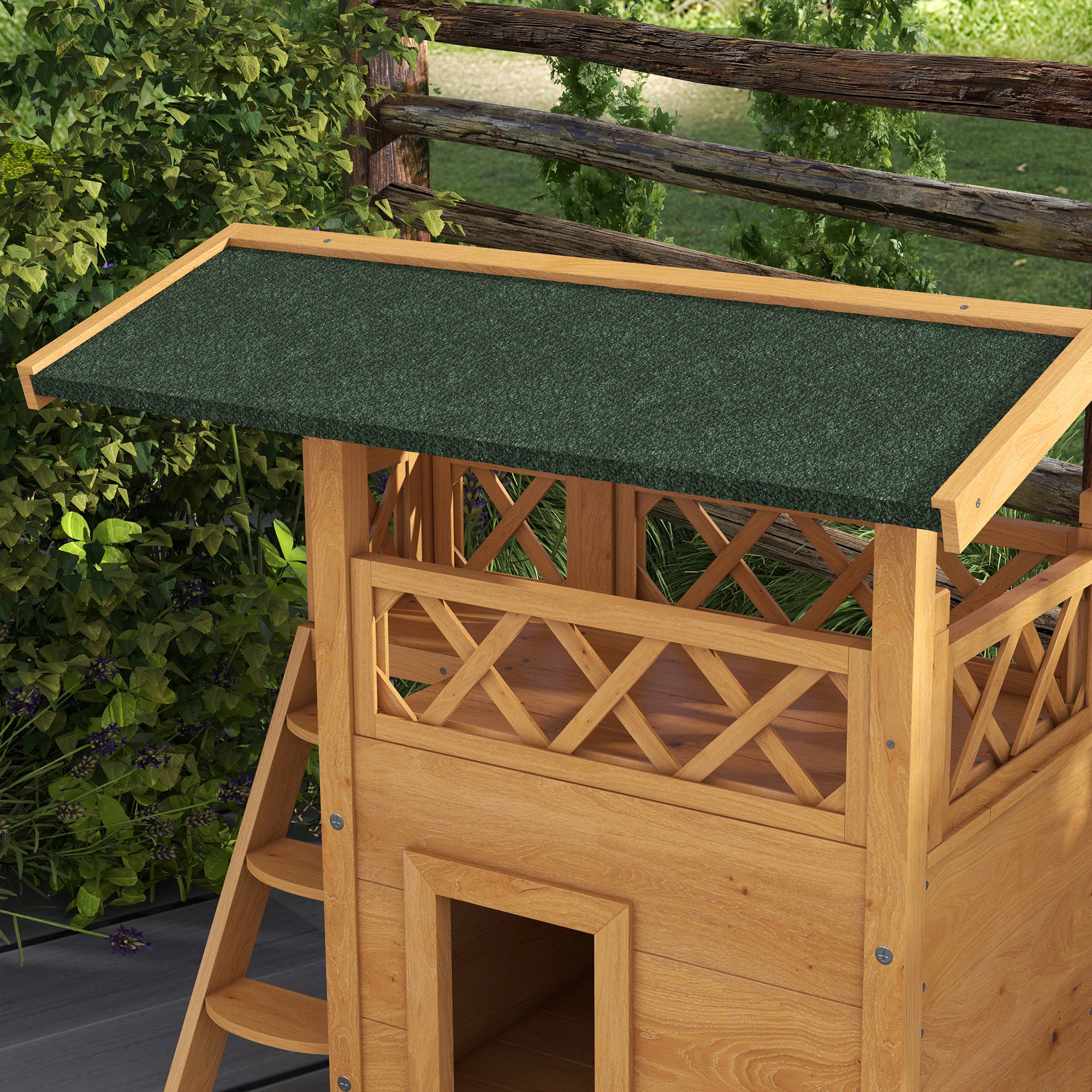 PawHut Cat House Outdoor with Balcony Stairs Roof 77x50x73cm Natural Wood Finish