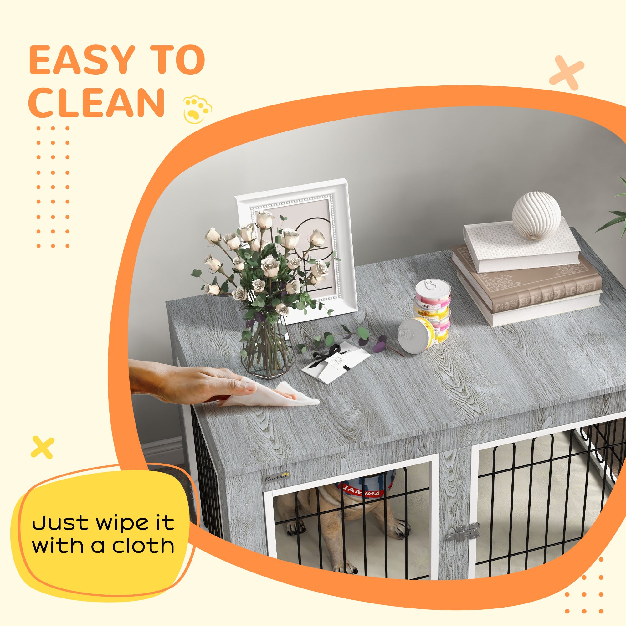 PawHut Dog Crate Furniture End Table Double Doors with Cushion 90x58x65cm Grey