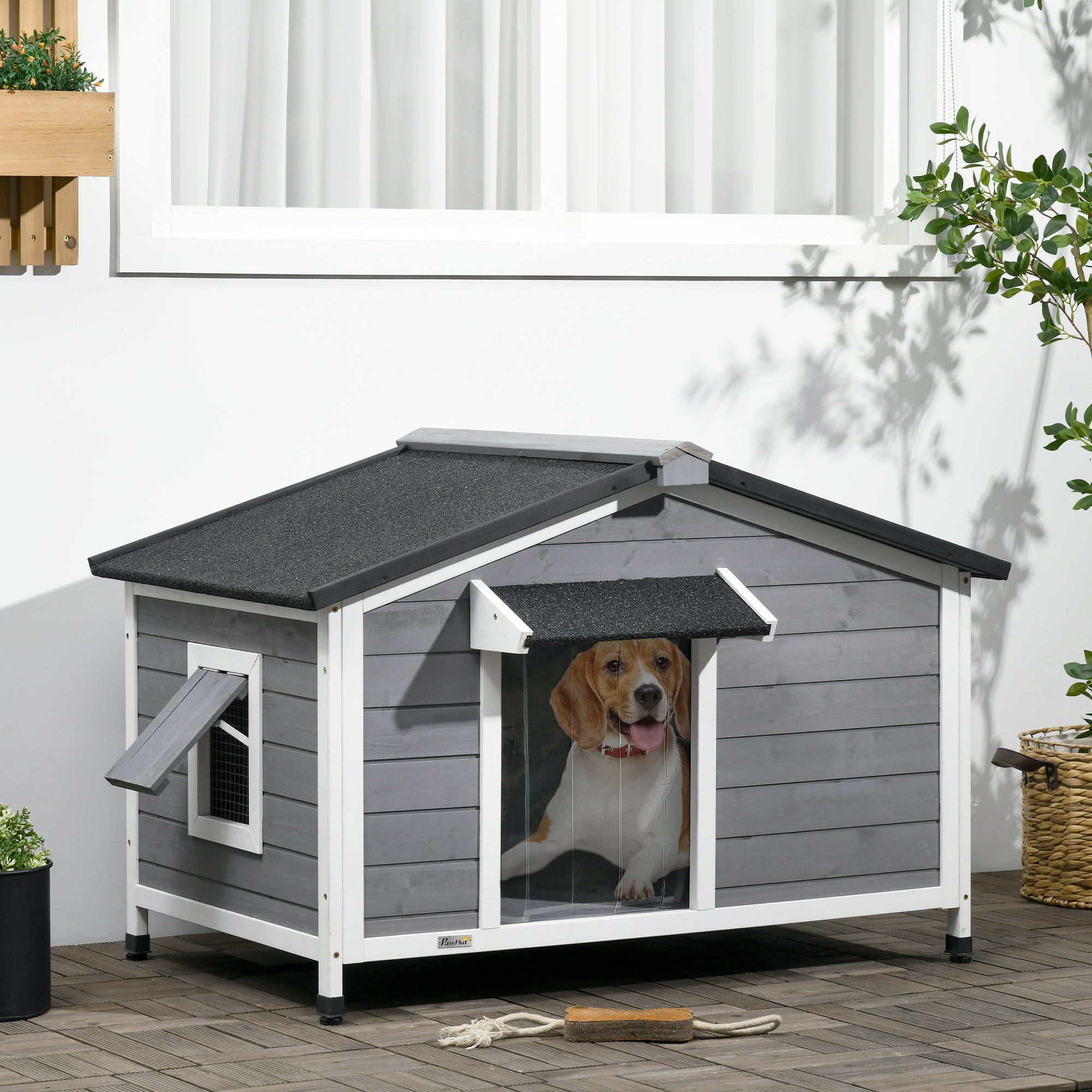PawHut Wooden Dog Kennel For Medium Dogs 72Hx109Lx79Wcm Grey