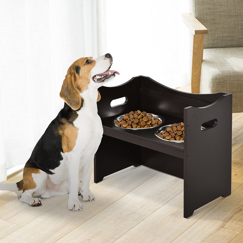 PawHut Raised Dog Bowls Adjustable Pet Feeder 2 Stainless Steel Bowls Brown