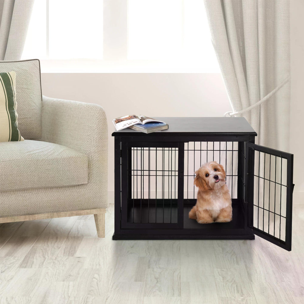 PawHut Wooden Dog Cage Pet Crate Double Door Small Animal with Tabletop 66cm Black