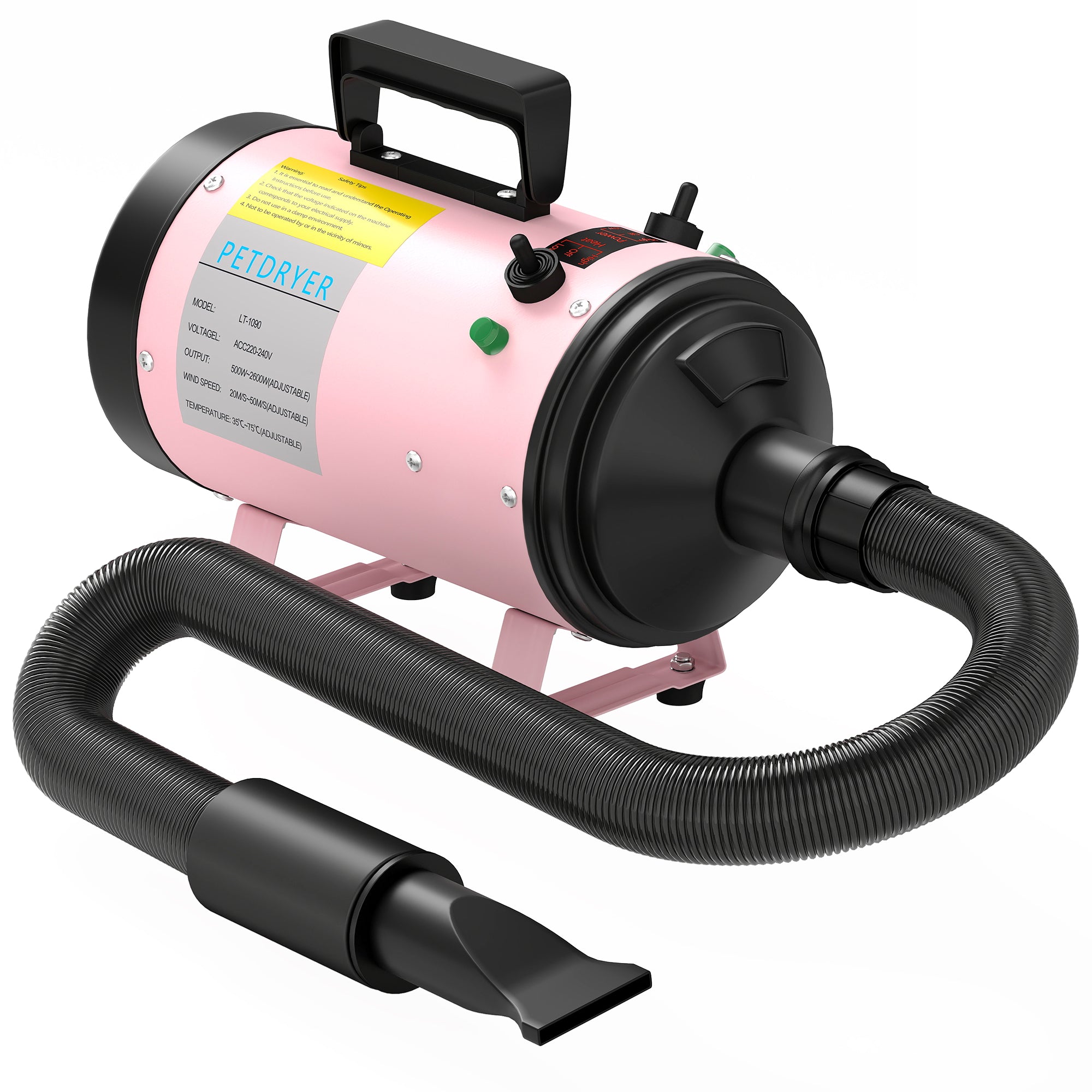 PawHut 2200W Dog Hair Dryer with Adjustable Temperature & Velocity, 3 Nozzles, Pink