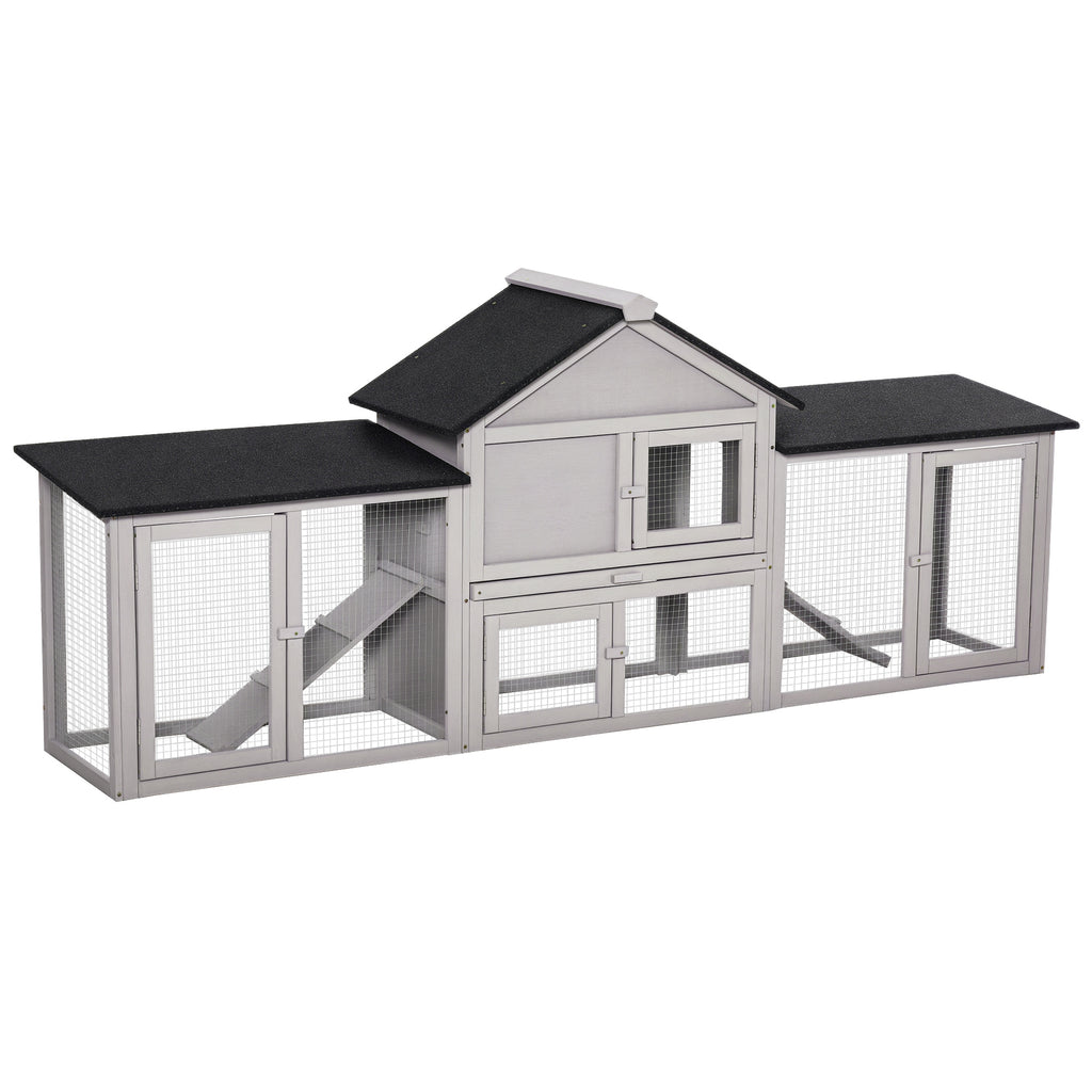 PawHut Small Animal Hutch with 2 Outdoor Runs Asphalt Roof Fir Wood Gray + Black
