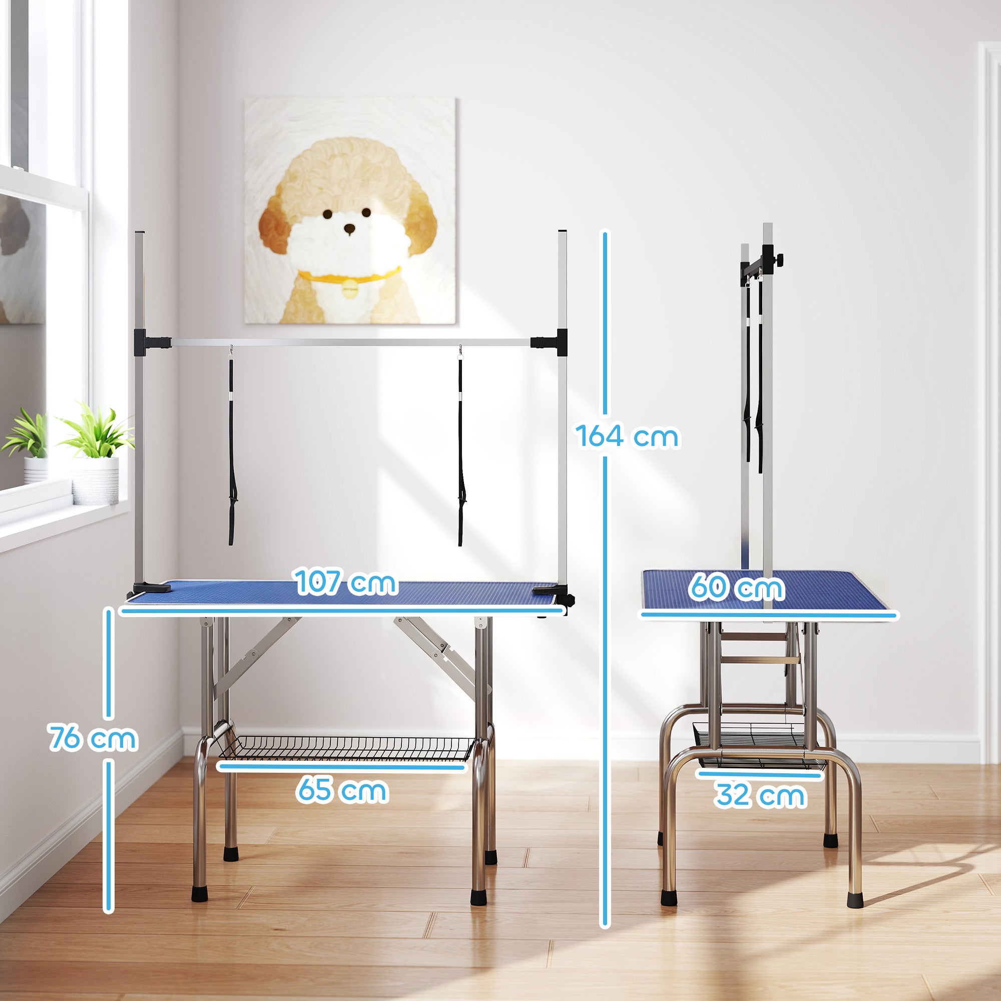 PawHut Foldable Dog Grooming Table with Adjustable Arm 107x60x170cm Blue