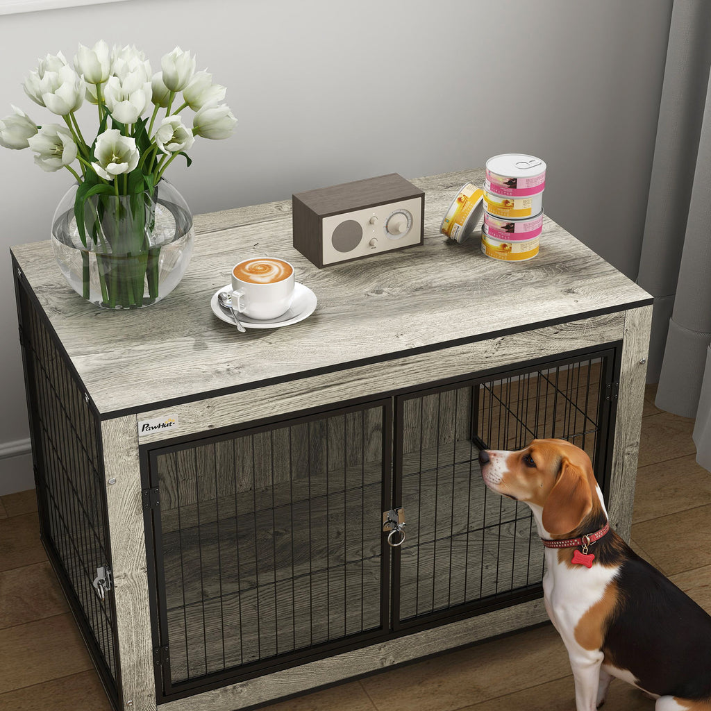 PawHut Dog Crate Furniture with Wheels Double Doors for Medium Dogs Grey