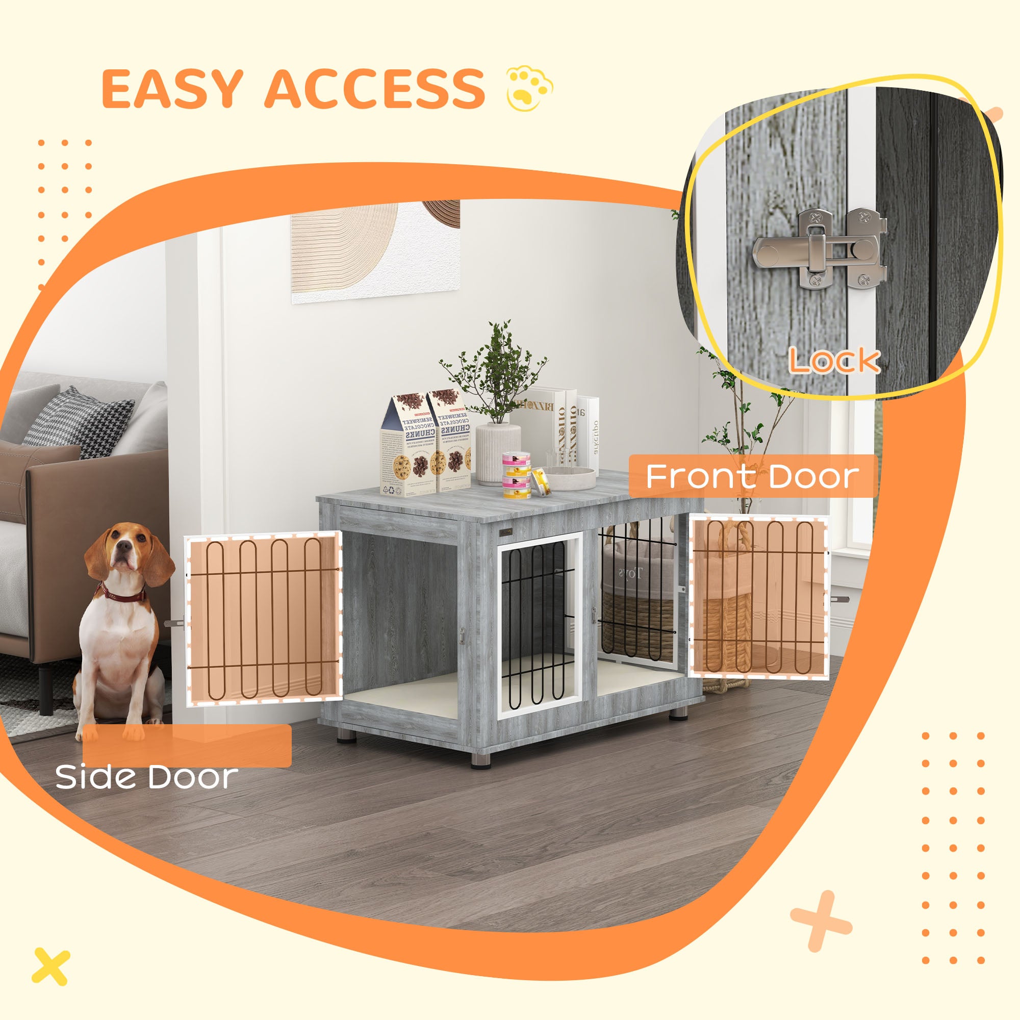 PawHut Dog Crate Furniture End Table Double Doors with Cushion 90x58x65cm Grey