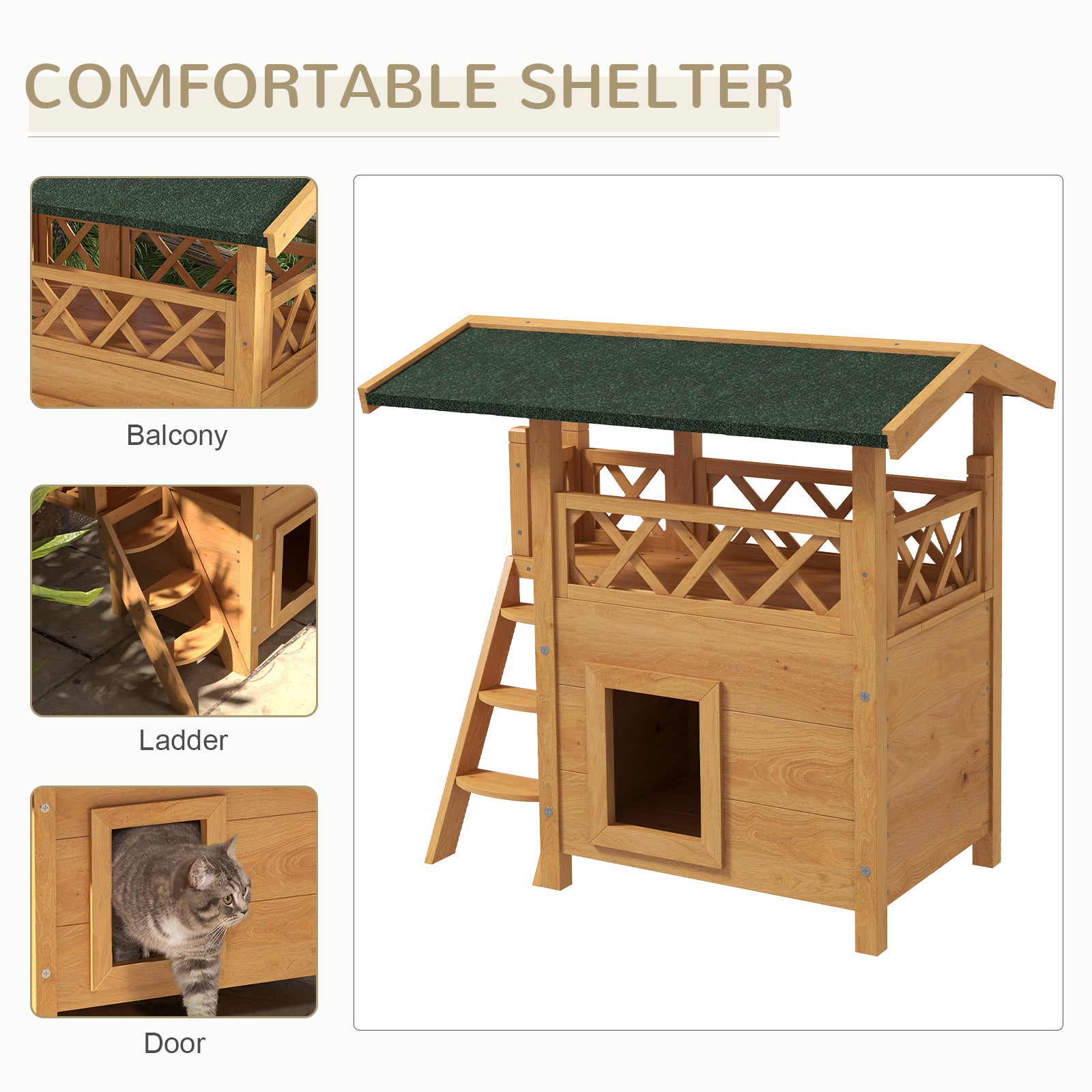 PawHut Cat House Outdoor with Balcony Stairs Roof 77x50x73cm Natural Wood Finish