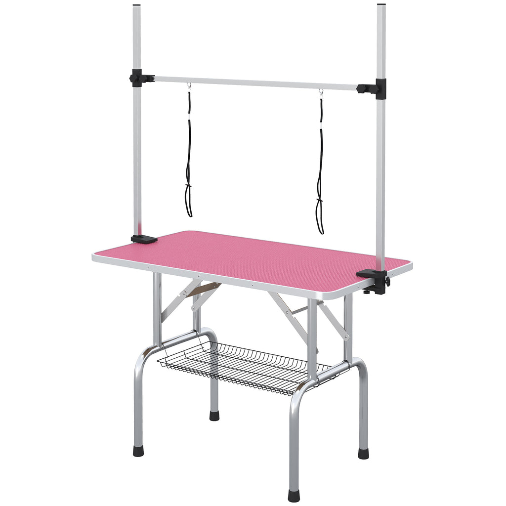 PawHut Foldable Dog Grooming Table with Adjustable Arm 107x60x164cm Pink