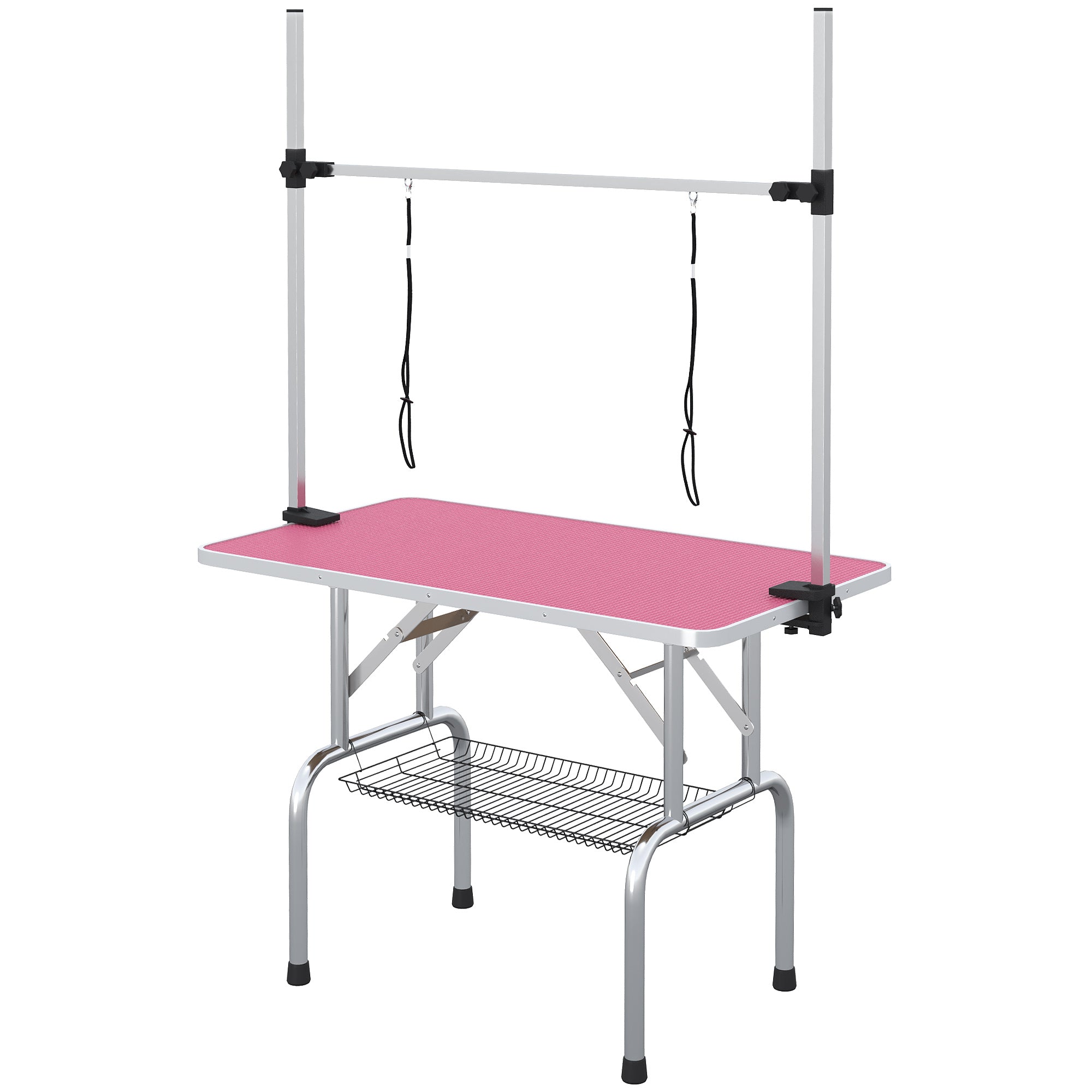 PawHut Foldable Dog Grooming Table with Adjustable Arm 107x60x164cm Pink