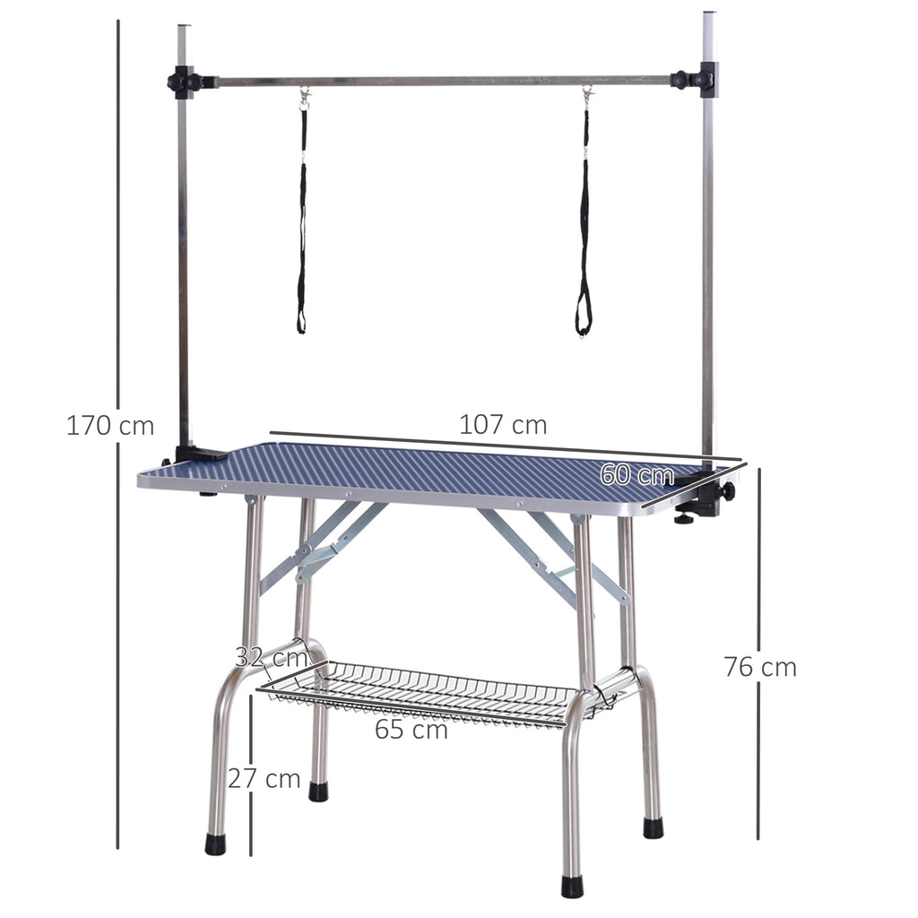 PawHut Foldable Dog Grooming Table with Adjustable Arm 107x60x170cm Blue