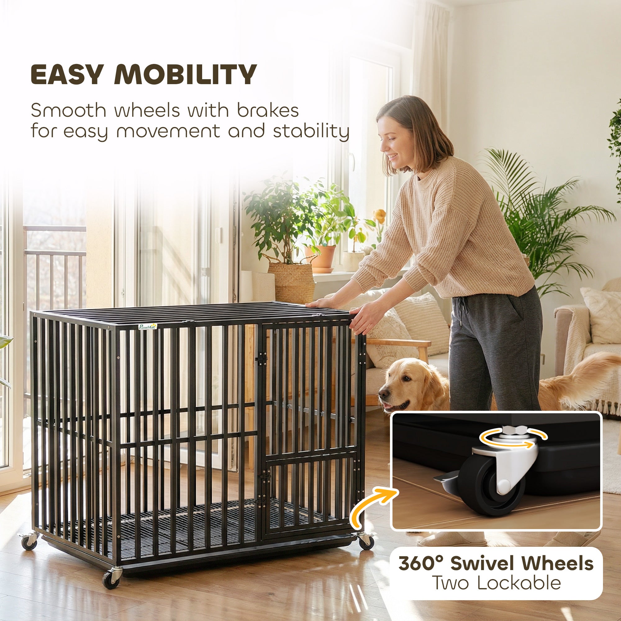 PawHut Heavy Duty Dog Crate with Wheels 95x57x81cm Black