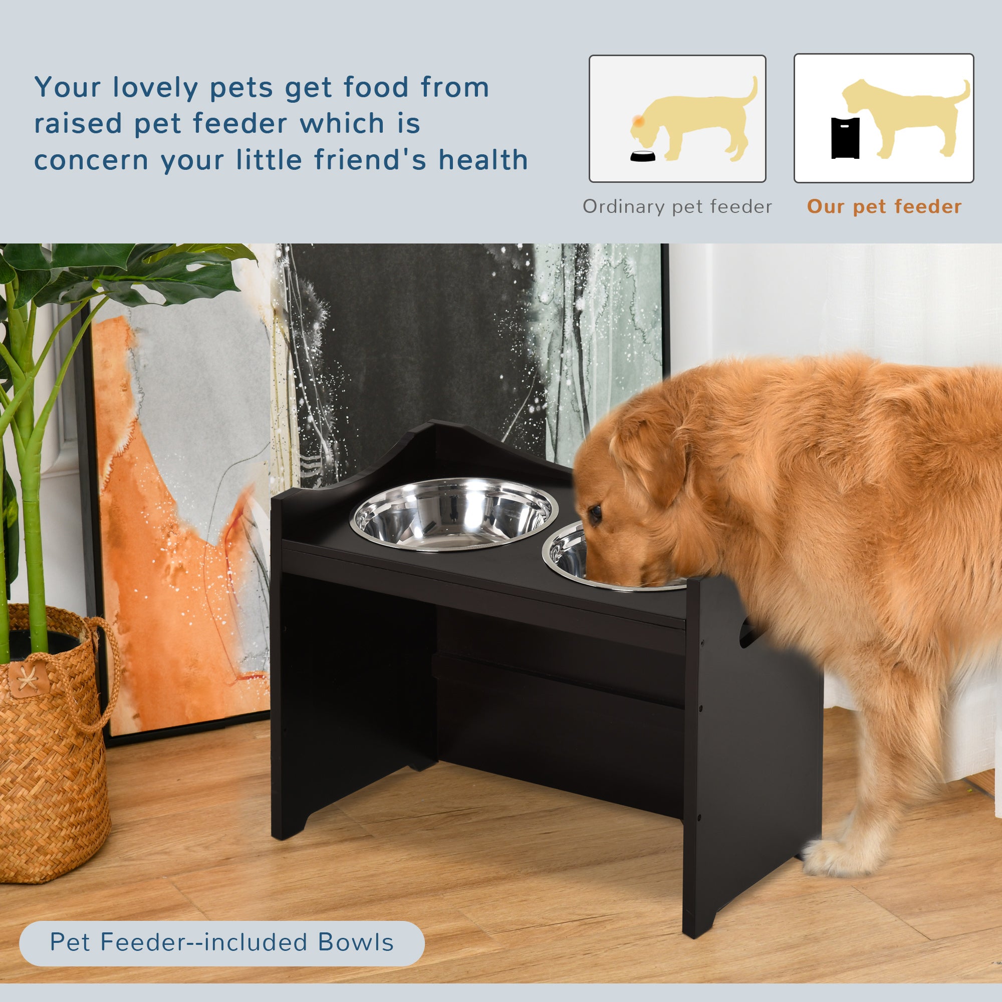 PawHut Raised Dog Bowls Adjustable Pet Feeder 2 Stainless Steel Bowls Brown