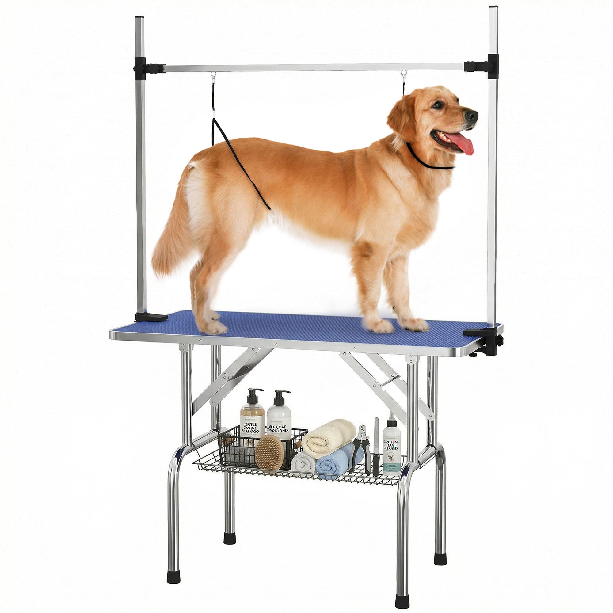 PawHut Foldable Dog Grooming Table with Adjustable Arm 107x60x170cm Blue