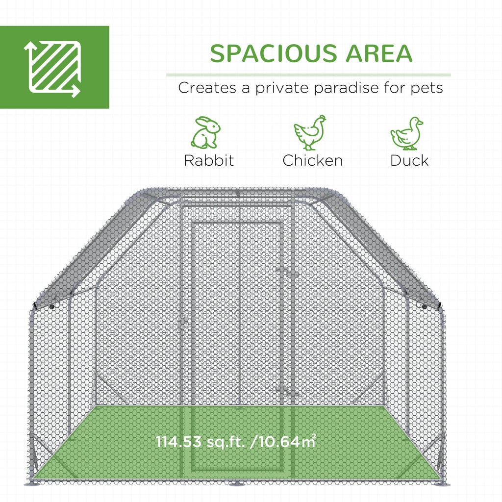 PawHut Walk-In Chicken Run with Roof for 10-12 Chickens 380 x 280 x 195cm Silver