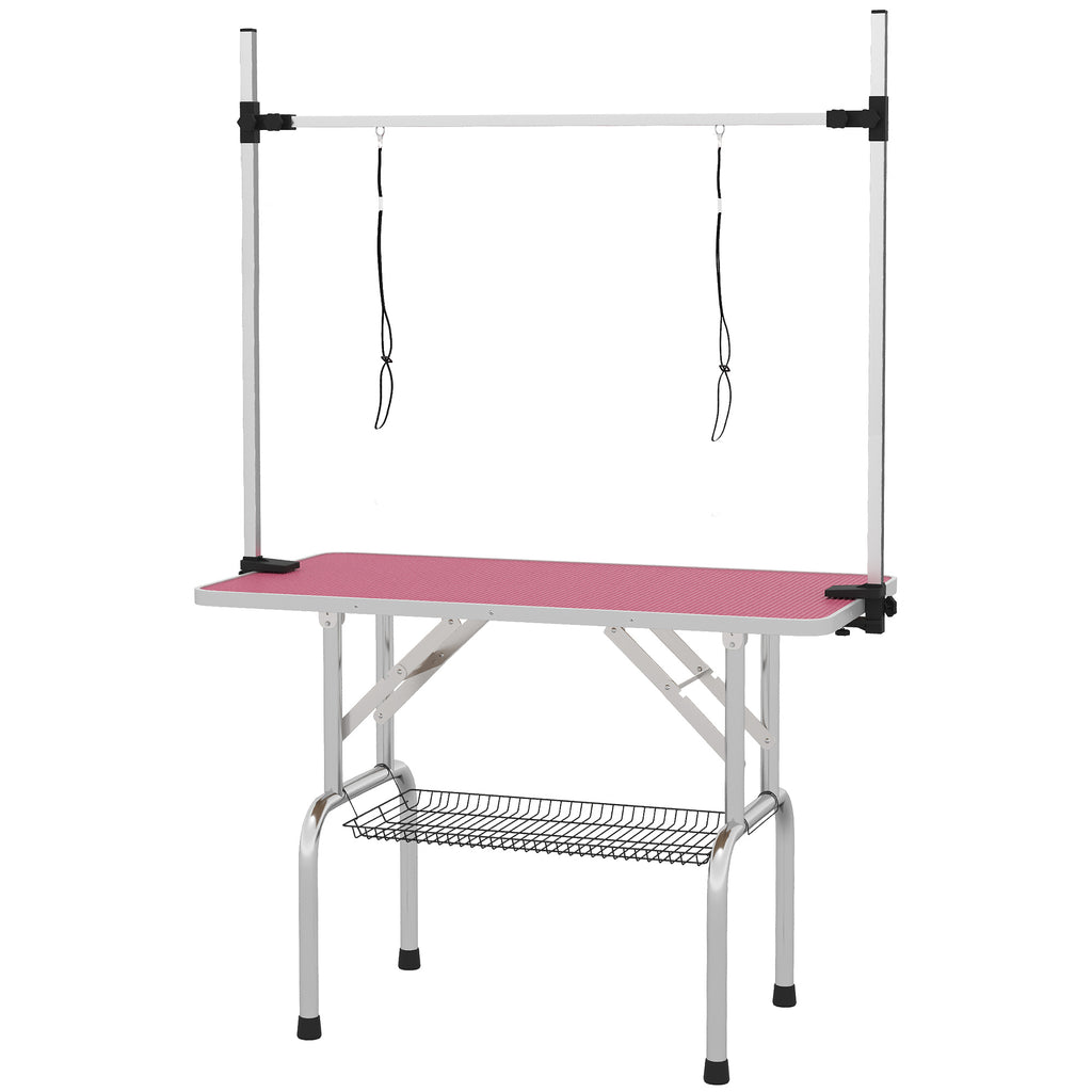 PawHut Foldable Dog Grooming Table with Adjustable Arm 107x60x164cm Pink