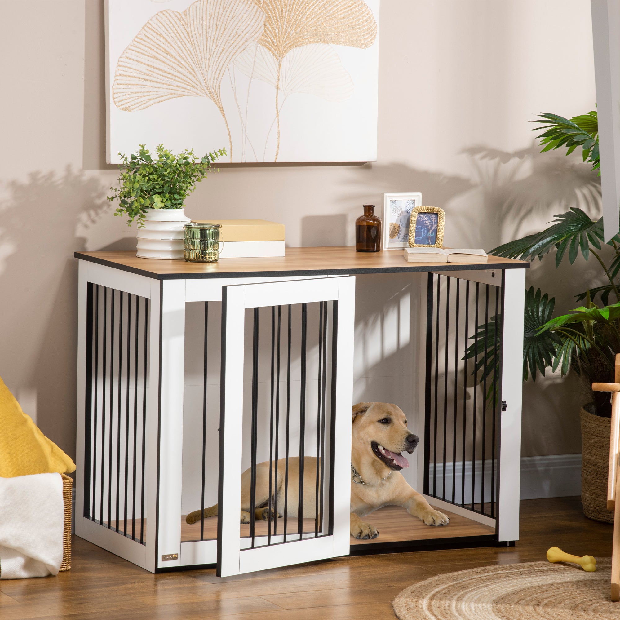 PawHut Dog Crate 1 Door Dark Walnut White 106x60x76cm