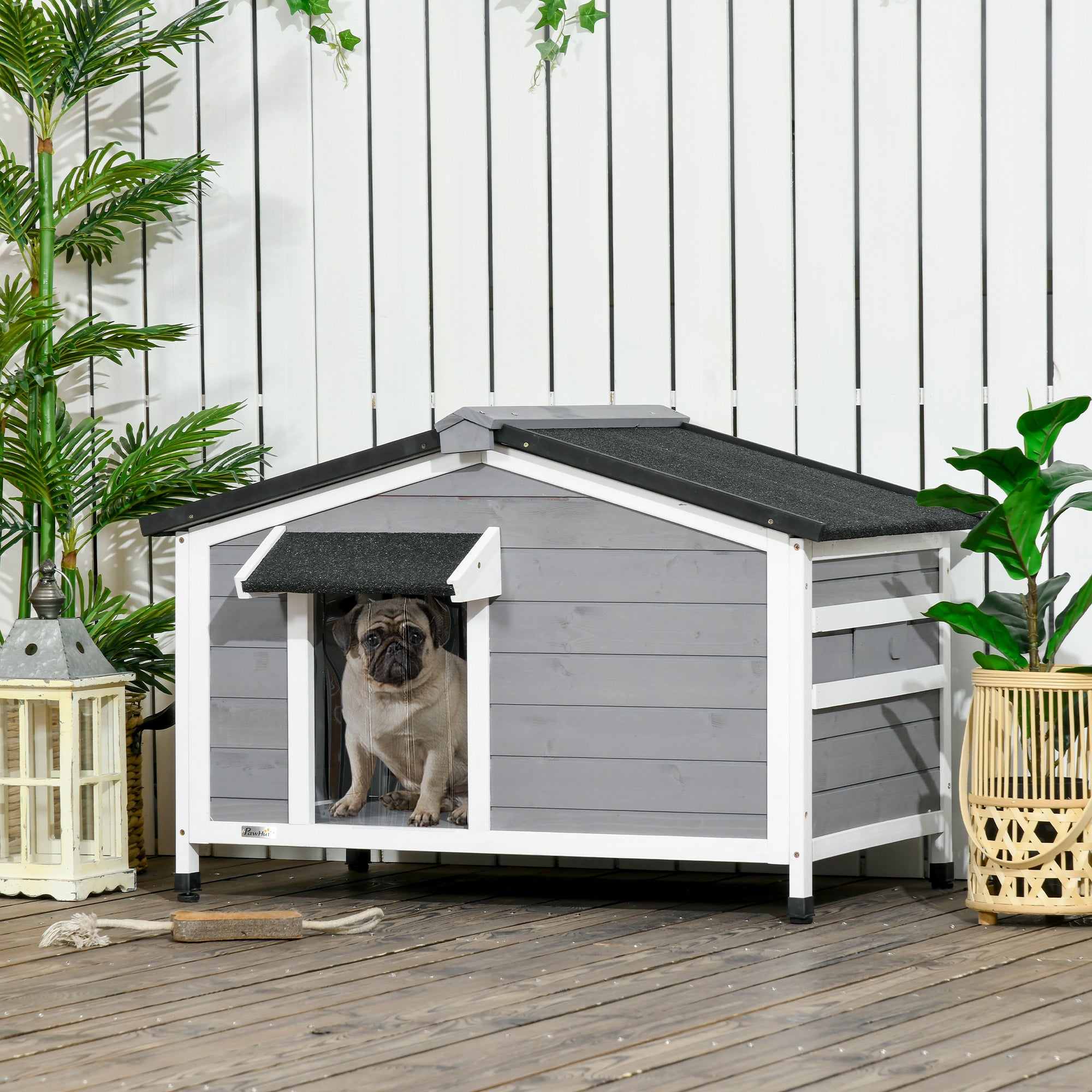 PawHut Wooden Dog Kennel For Medium Dogs 65Hx97Lx72Wcm Grey